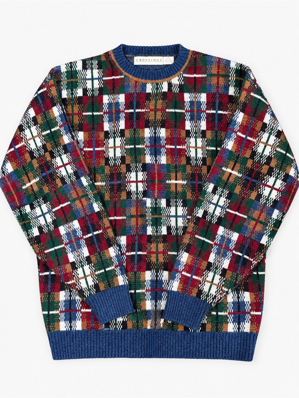 NWT Vintage 90s Multicolor Plaid Patchwork Crewneck Sweater Made in USA, Sz L